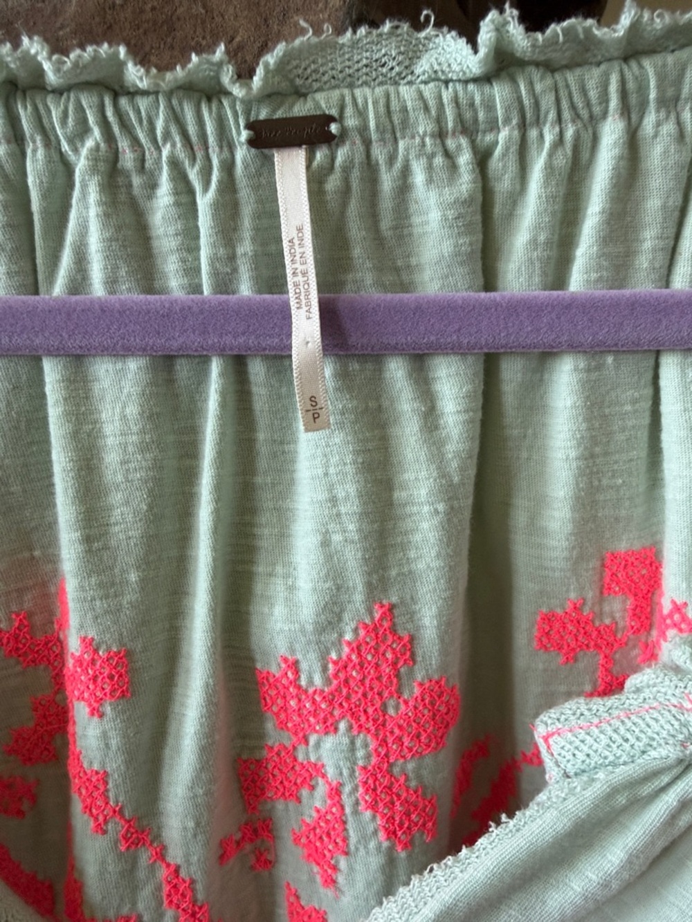 Free People Mint Green Peasant Blouse with Neon Pink Embroidery - Picture 5 of 11